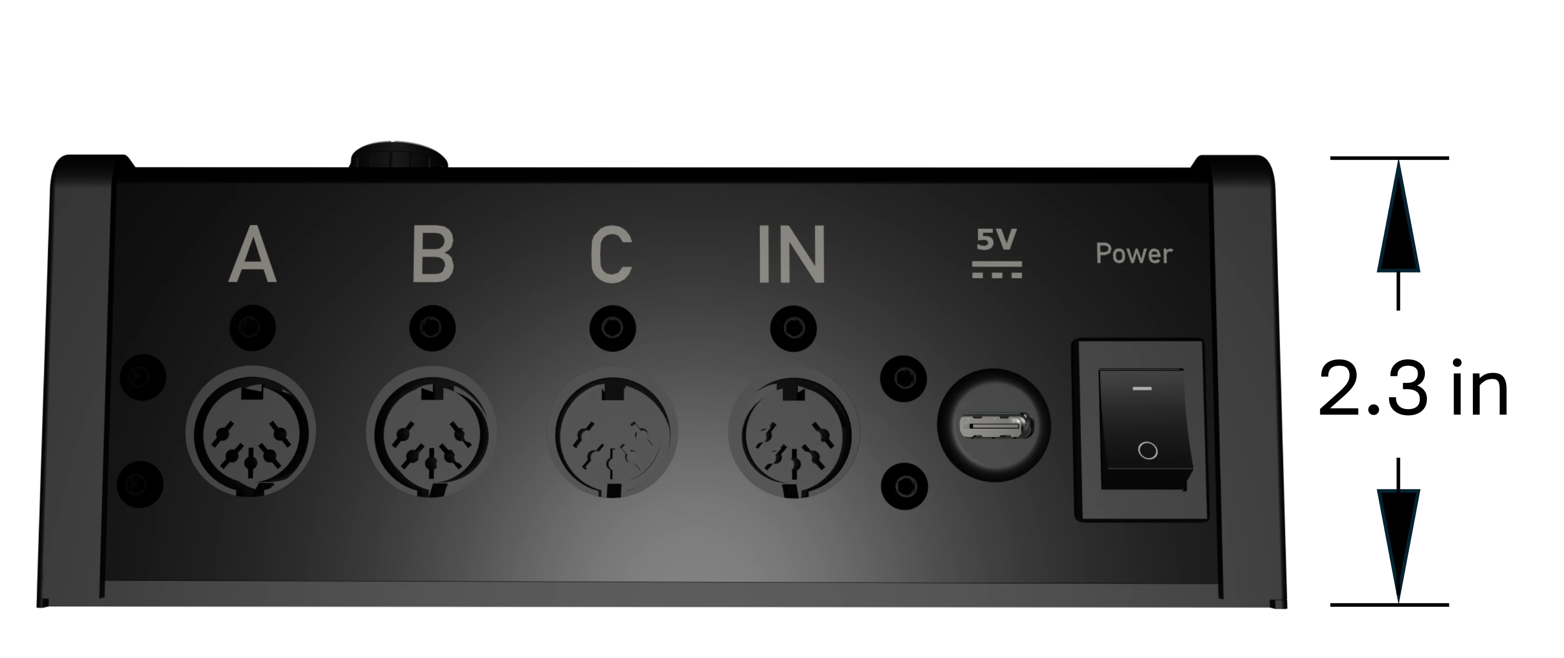 Fourth State Mk I — back panel with physical dimensions (2.3 in tall). MIDI OUT A/B/C, MIDI IN, USB-C 5V power, and power switch.